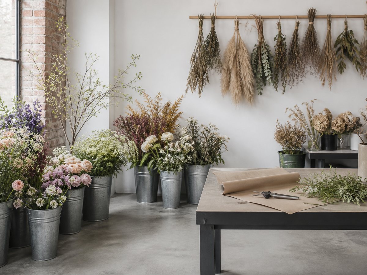 A florist studio with galvanised buckets of seasonal flowers, a work table and dried grasses hanging on a white wall